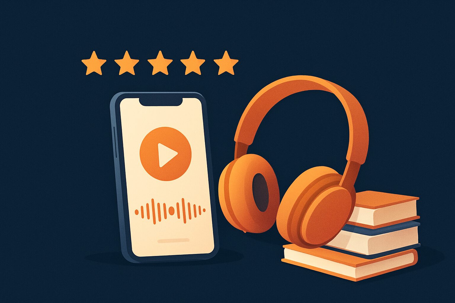 Audibleの評判レビューのイメージ。スマホの再生画面とヘッドホンと本
