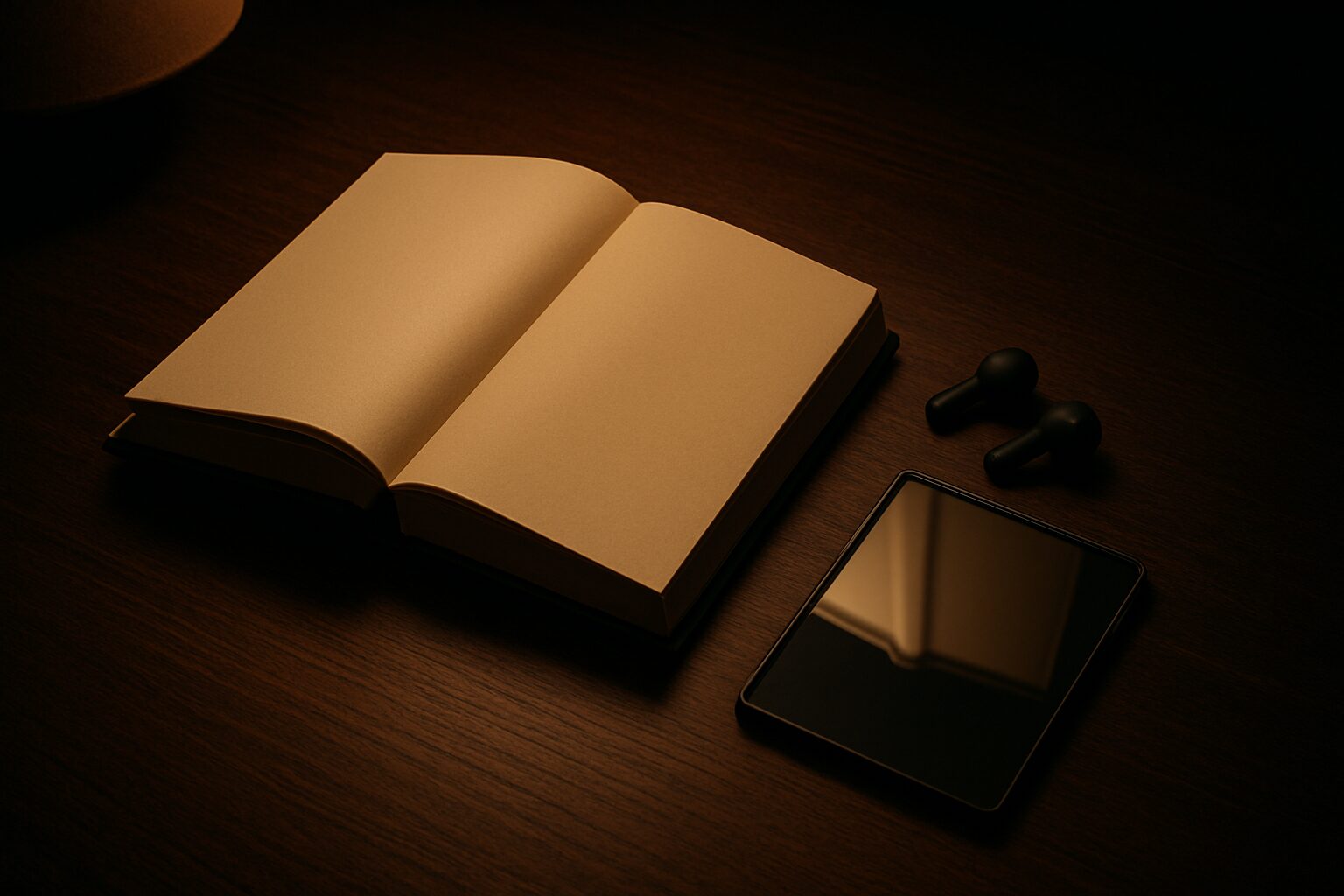 机の上に置かれた本とイヤホン、どんでん返し小説をAudibleで聴くイメージ