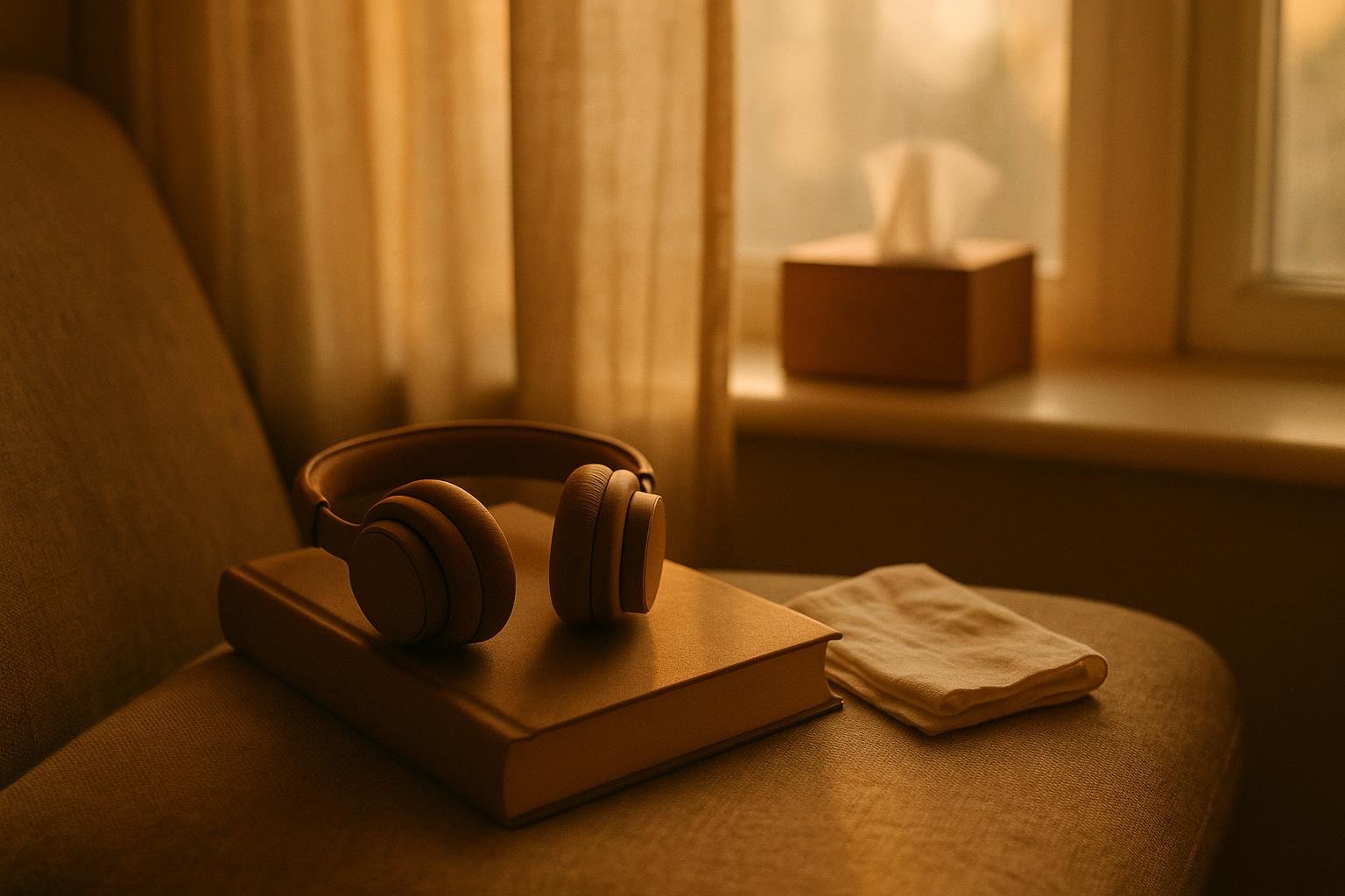 窓辺の椅子に置かれた本とヘッドホン、たたまれたハンカチ。泣ける小説をAudibleで聴くイメージ