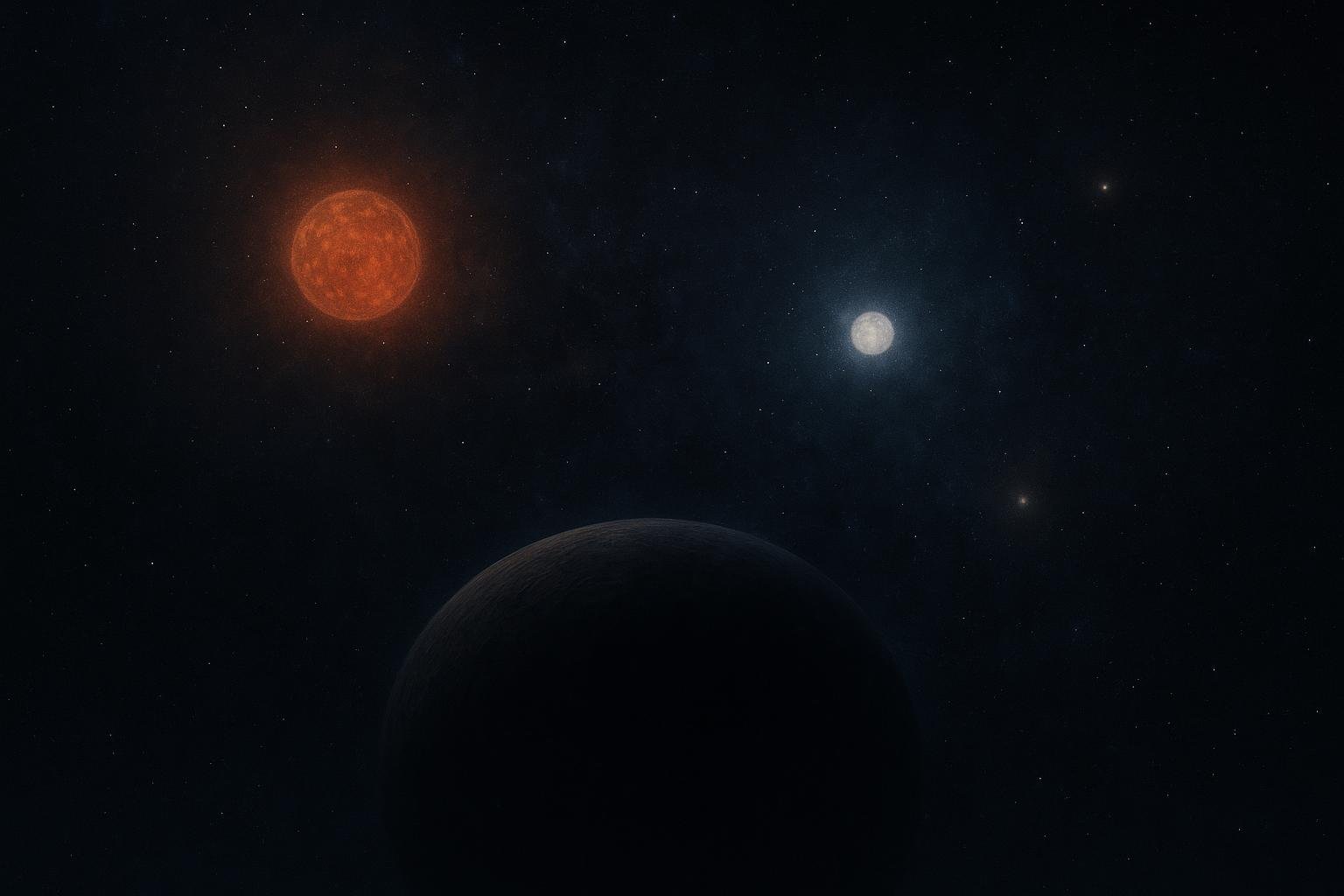 宇宙に浮かぶ3つの太陽と暗い惑星のシルエット。三体の世界観をイメージした抽象的な画像