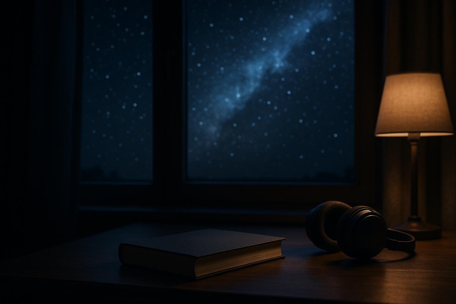 夜空の星々とヘッドホン、開いた本。SF小説をAudibleで聴くイメージ