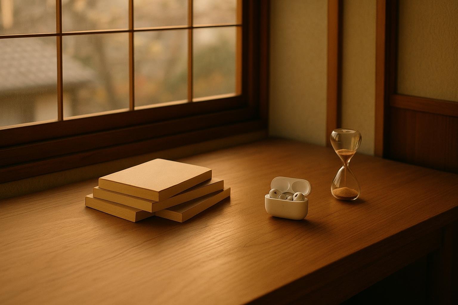 文庫本数冊とイヤホン、砂時計。短編小説をAudibleで聴くイメージ