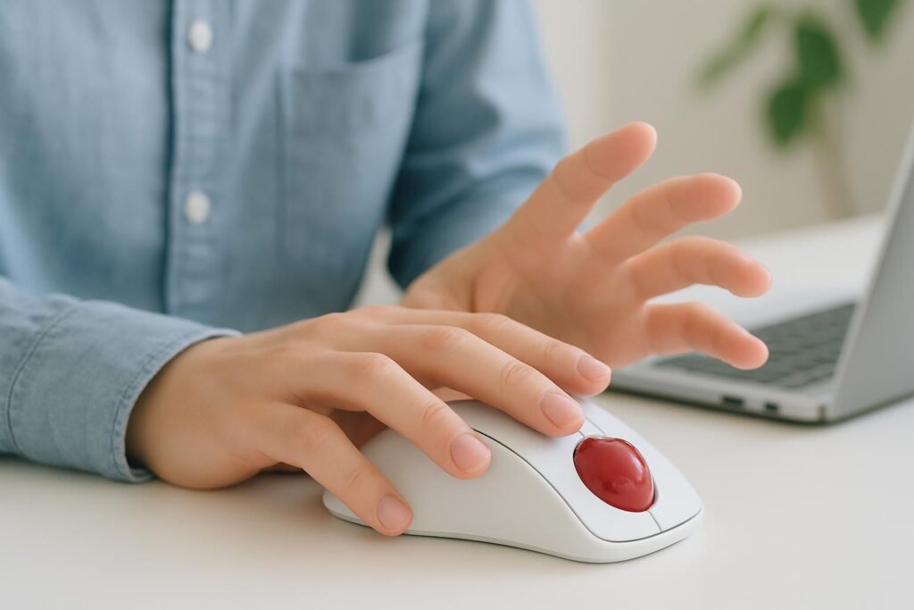 トラックボールマウスの操作に戸惑う手元のクローズアップ
