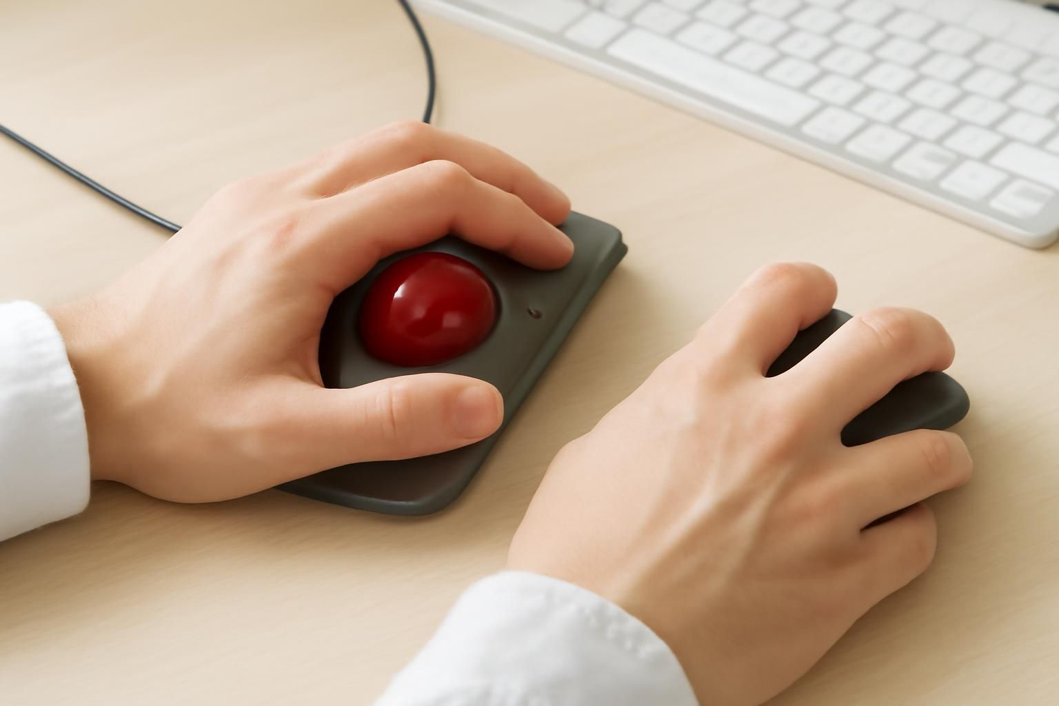デスクでトラックボールと通常のマウスを並べて併用する手元