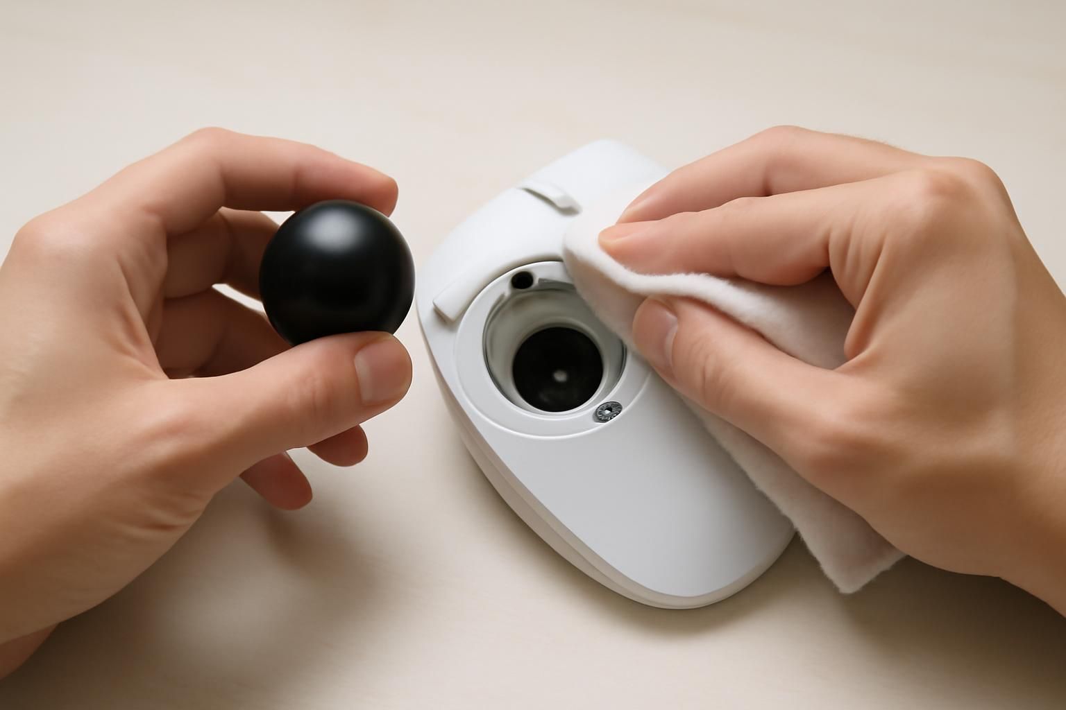 トラックボールのボールを外して掃除する手元