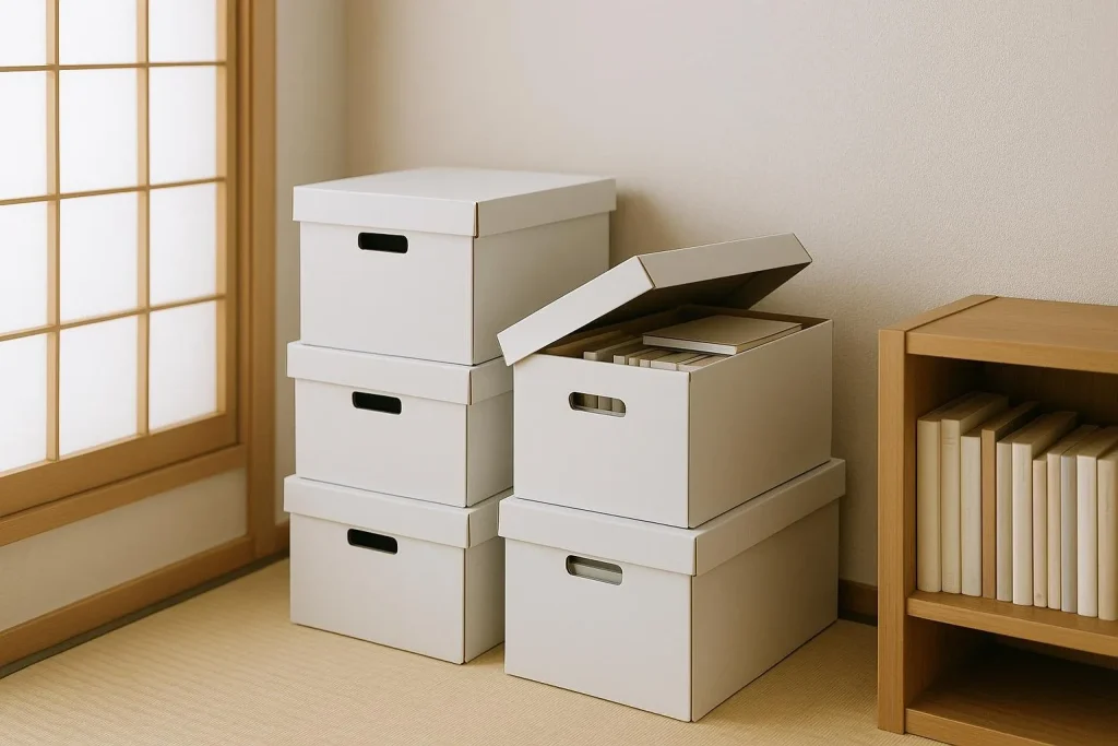 白い段ボール収納ボックスが積み重ねられ、中に本や書類。シンプルな部屋の収納イメージ