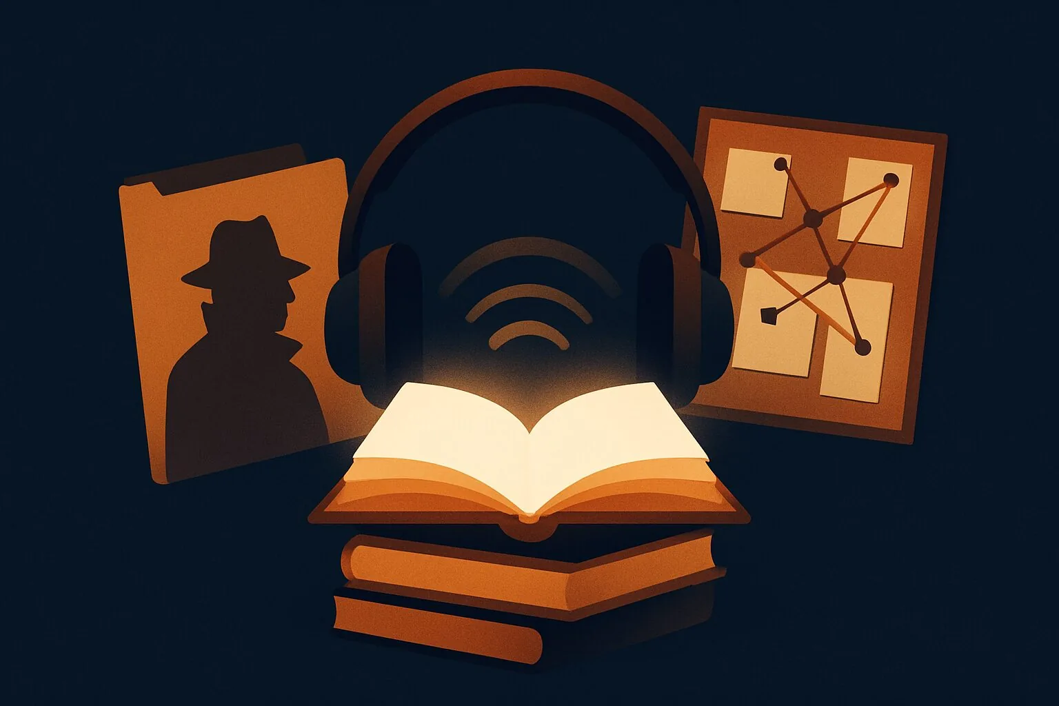 堂場瞬一の警察小説をAudibleで聴くイメージ。捜査ファイルとコルクボード