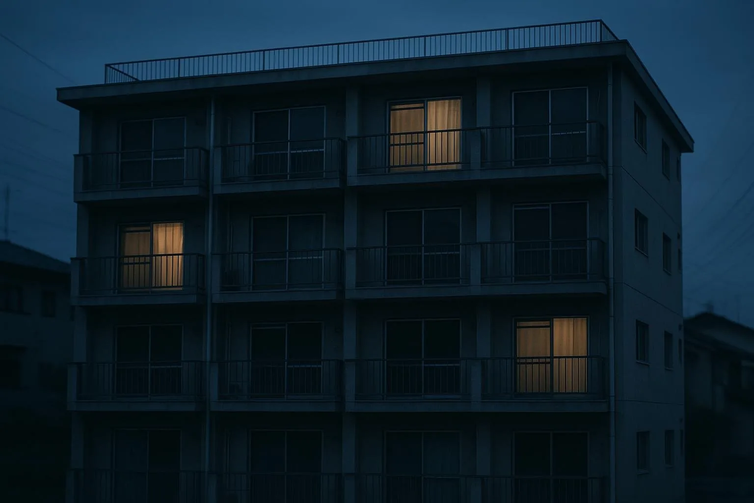 夕暮れの集合住宅の外観。窓の明かりがまばらに灯る、硝子のマンションのイメージ