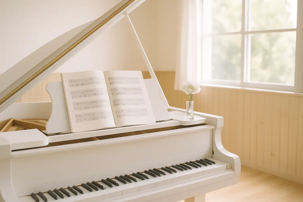 明るい音楽室のグランドピアノと開かれた楽譜