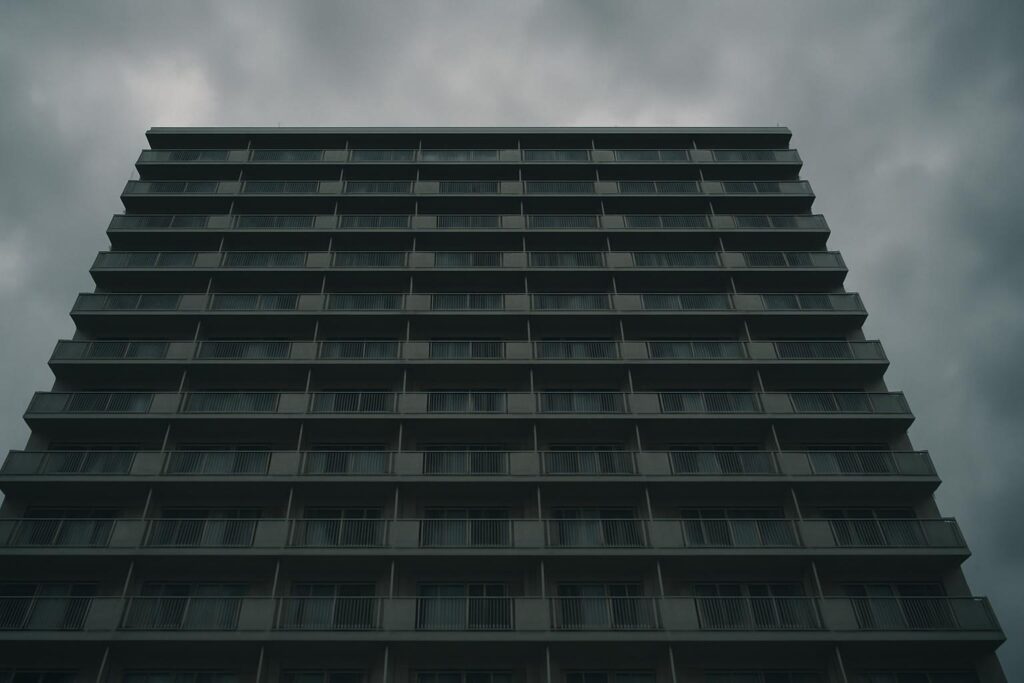 曇り空の下の高層集合住宅