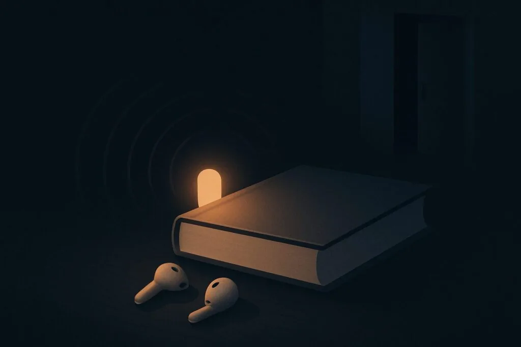 暗い部屋でイヤホンと本、Audibleでホラー小説を聴くイメージ