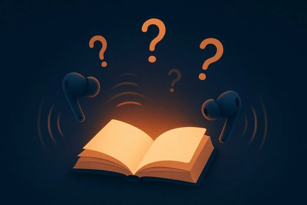 Audibleで聴くミステリー小説のイメージ。開いた本とワイヤレスイヤホン