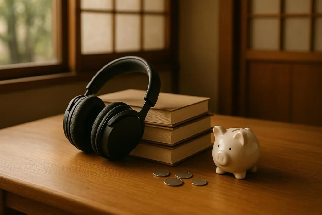 机の上のヘッドホンと積まれた本、貯金箱。Audibleの料金とコスパのイメージ