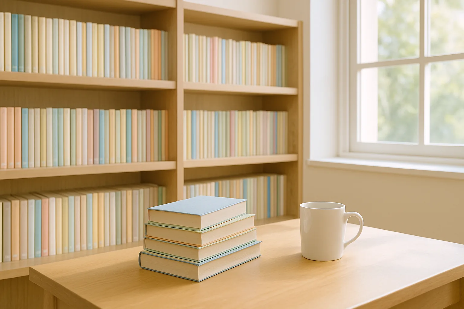 明るい図書室の本棚に並ぶ文庫本と、テーブルに積まれた数冊