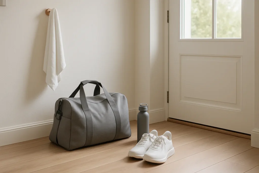 玄関に置いたジムバッグとトレーニングシューズ
