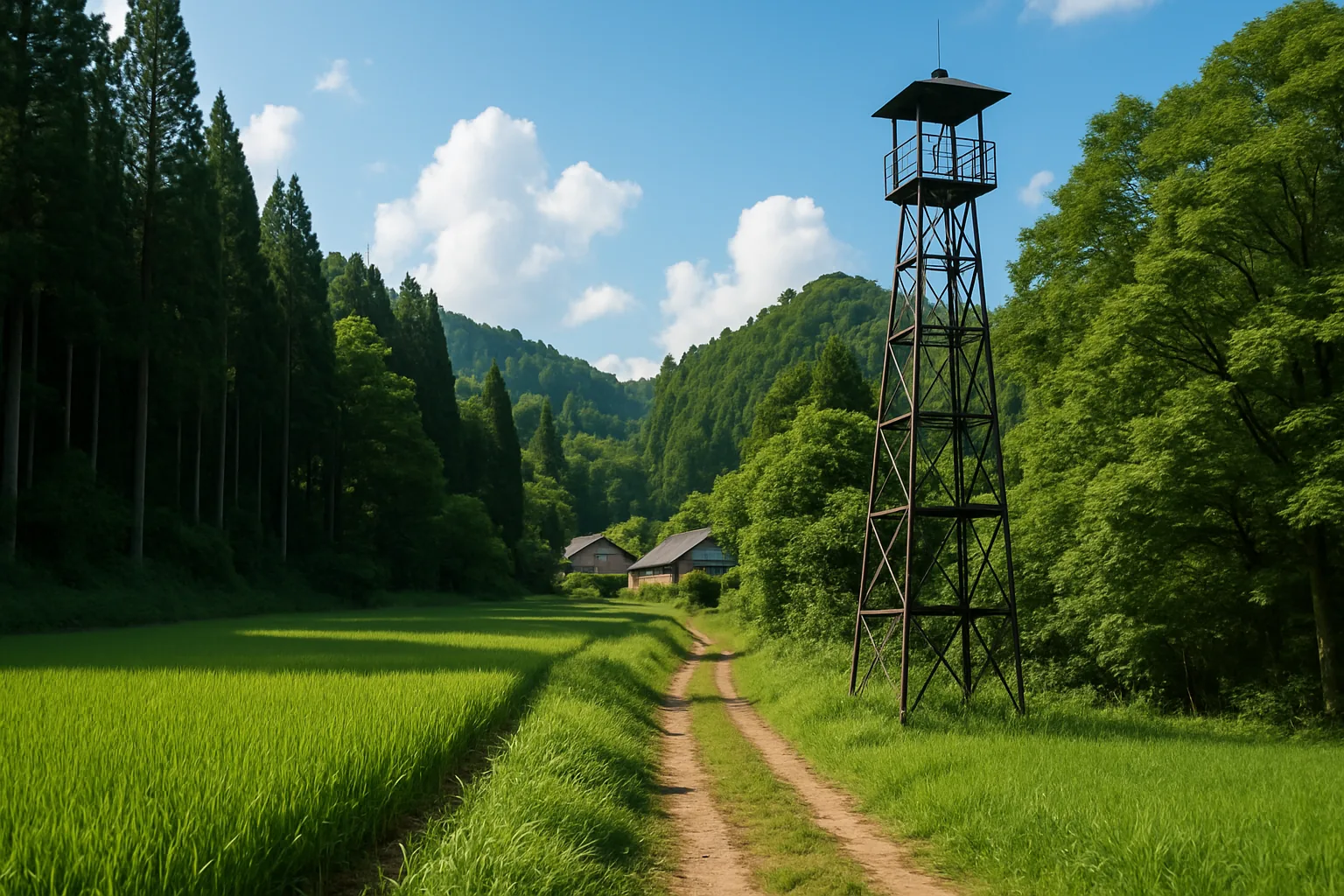 山あいの集落から森へつづく小道と火の見やぐら