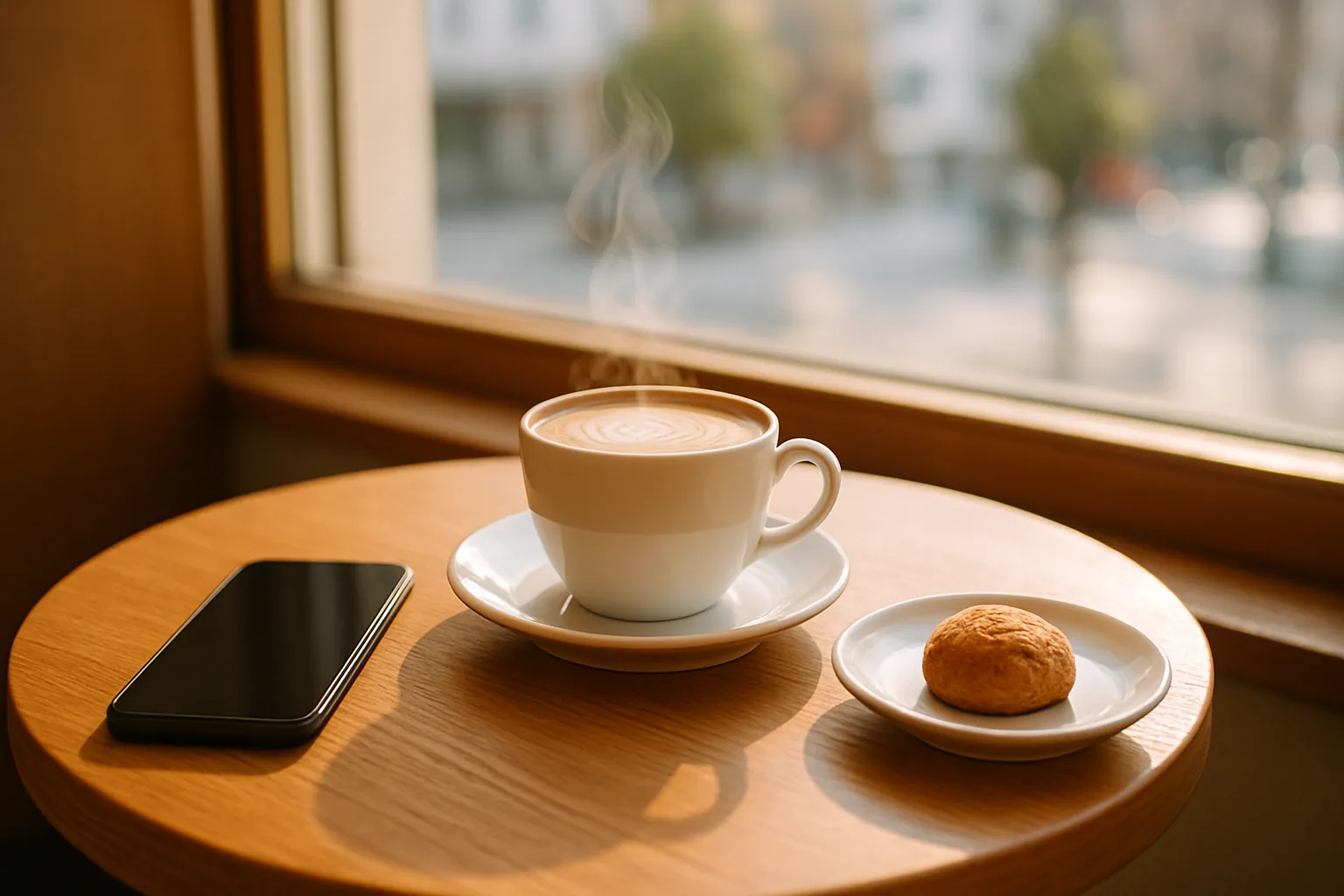郊外の緑を背に木のベンチに置かれたスマートフォン
