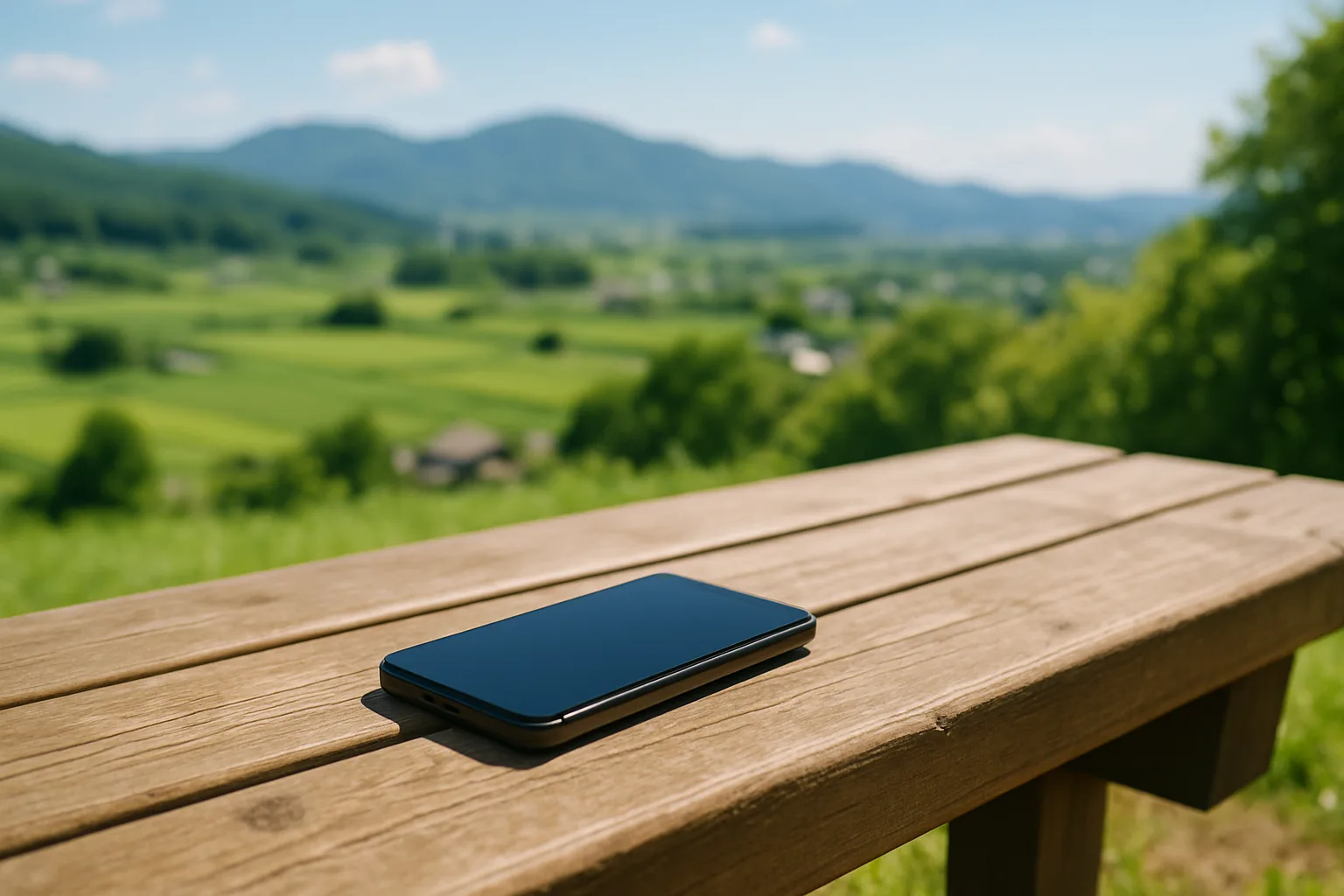 郊外の緑を背に木のベンチに置かれたスマートフォン