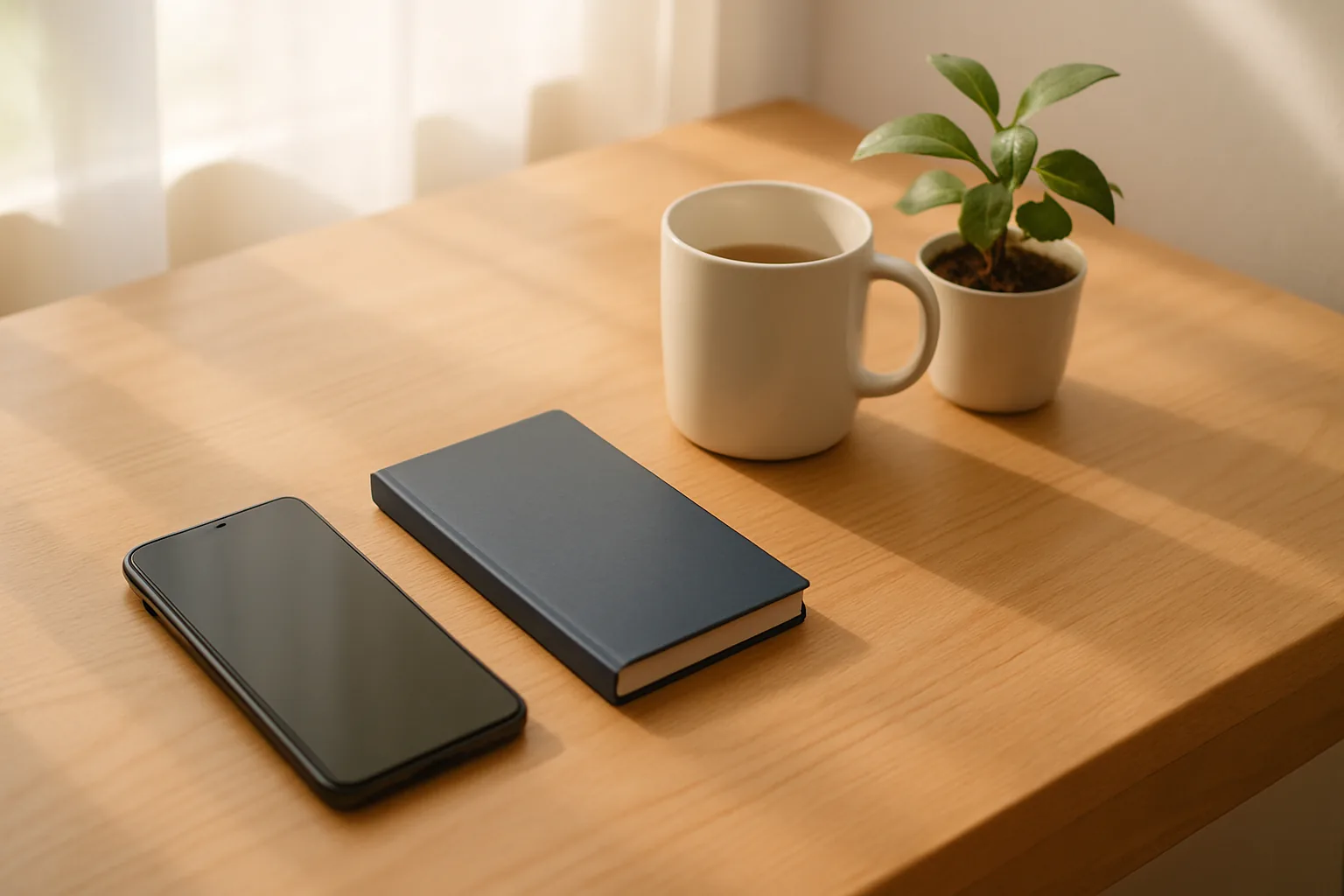 郊外の緑を背に木のベンチに置かれたスマートフォン