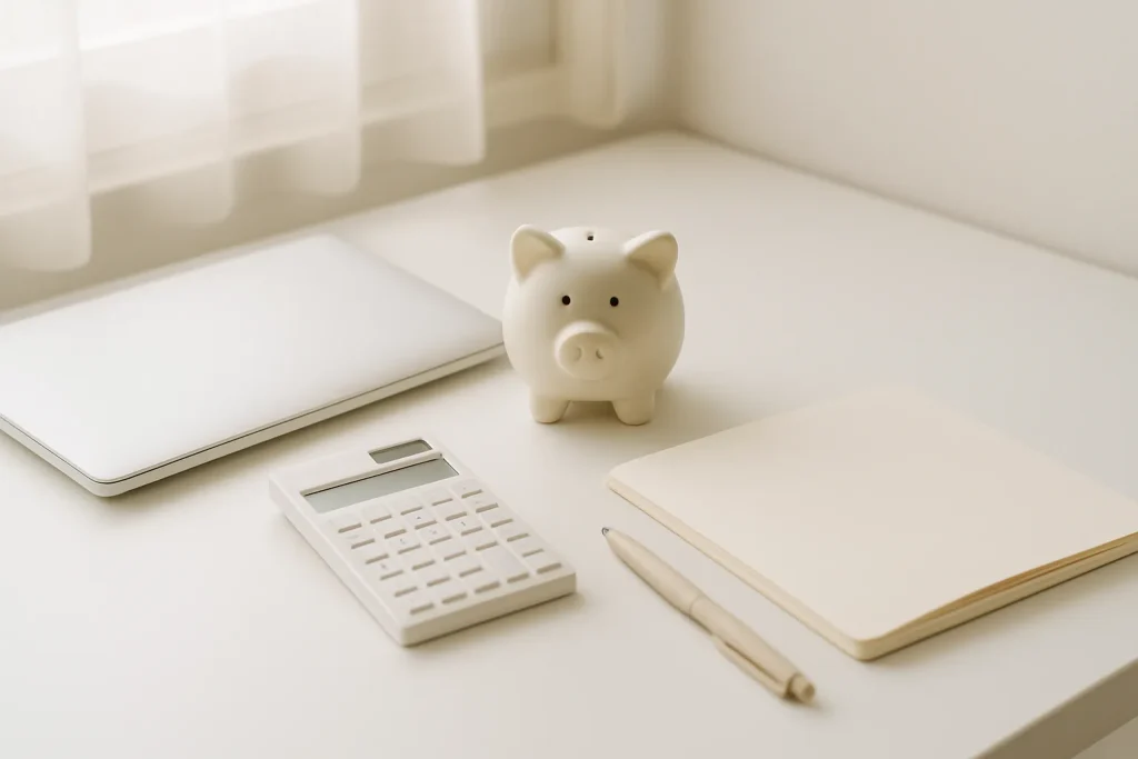 明るいデスクに置かれたノートパソコンと電卓と貯金箱