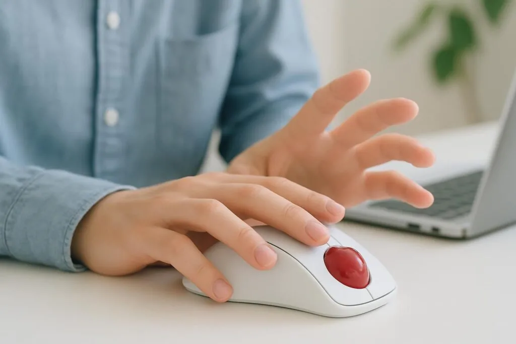 トラックボールマウスの操作に戸惑う手元のクローズアップ