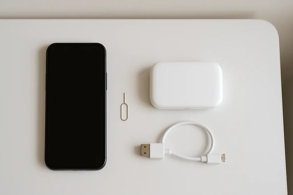 机に並べたスマホと小型のモバイルWi-Fiルーター、SIMピン