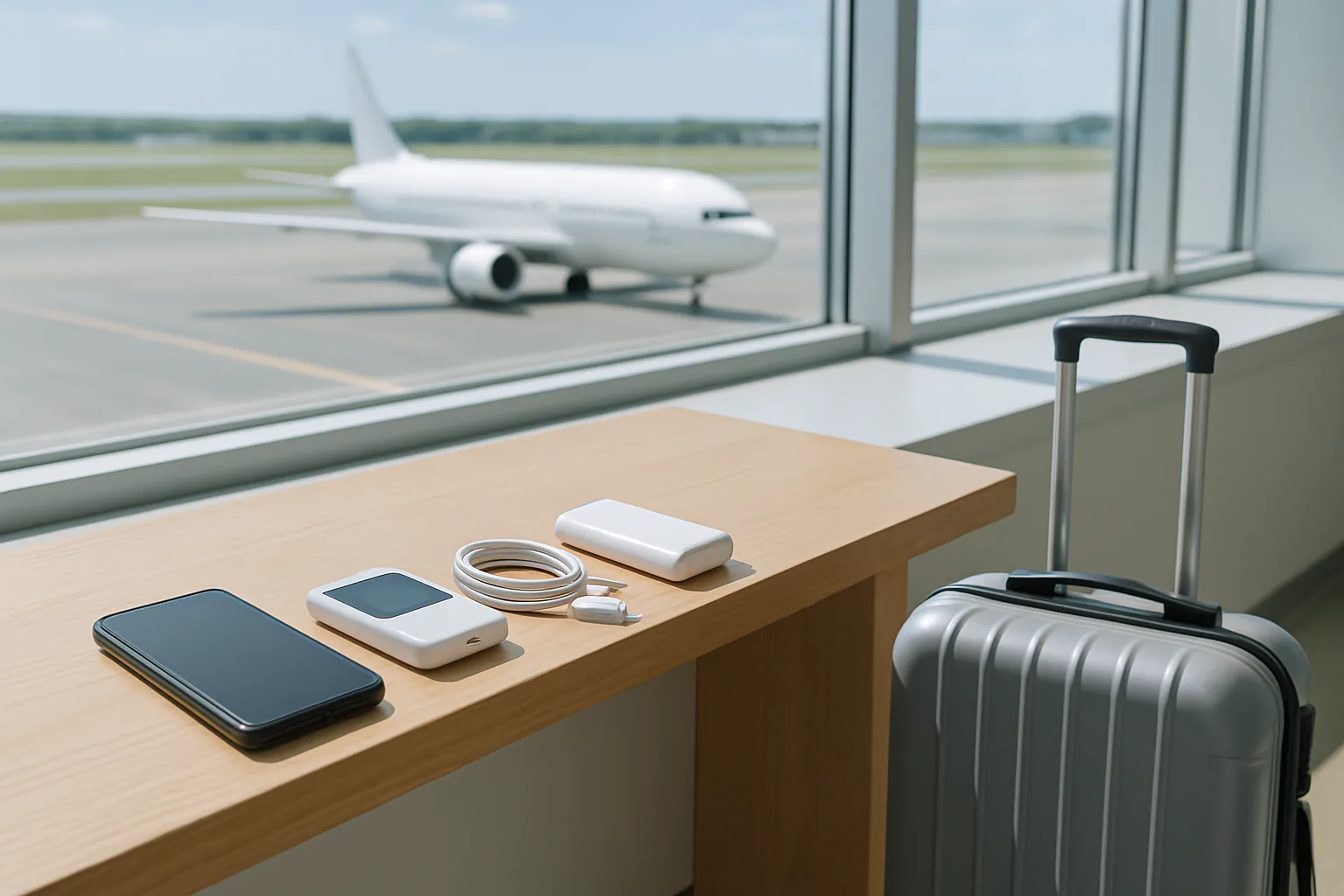 空港の窓辺のカウンターに並ぶスマホとモバイルWi-Fiルーター、モバイルバッテリーとスーツケース