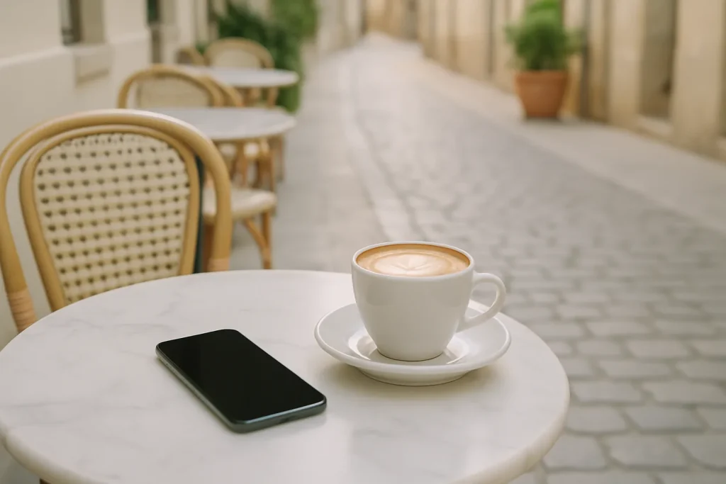 海外のカフェのテラス席に置いたスマホとカフェラテ