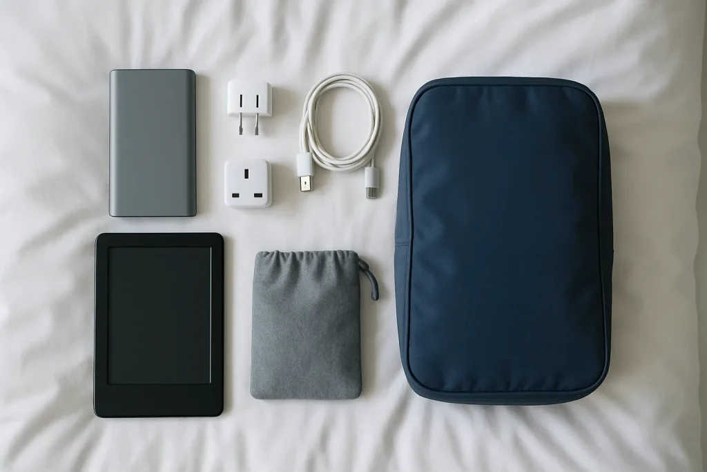 ベッドに並べたモバイルバッテリー、変換プラグ、充電ケーブル、電子書籍リーダー、トラベルポーチ